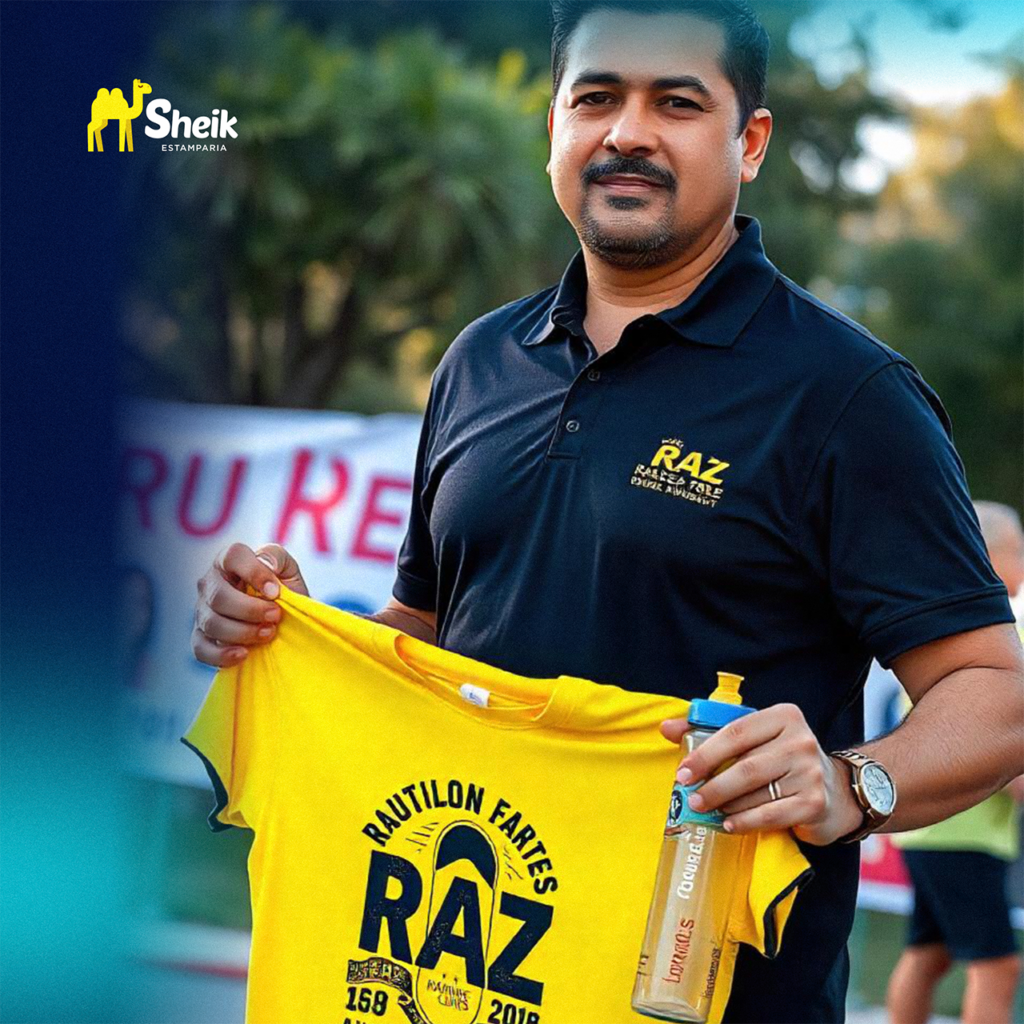 Um homem segurando uma camisa e uma garrafa de água personalizadas