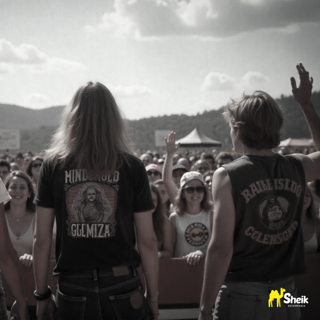 Uma banda de rock com camisas de show personalizadas