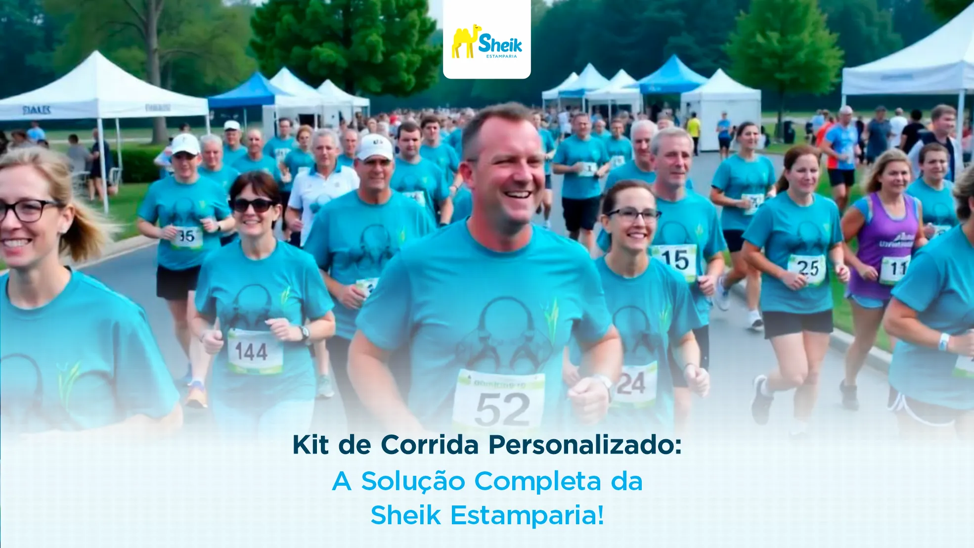 Pessoas numa corrida com camisas personalizadas.