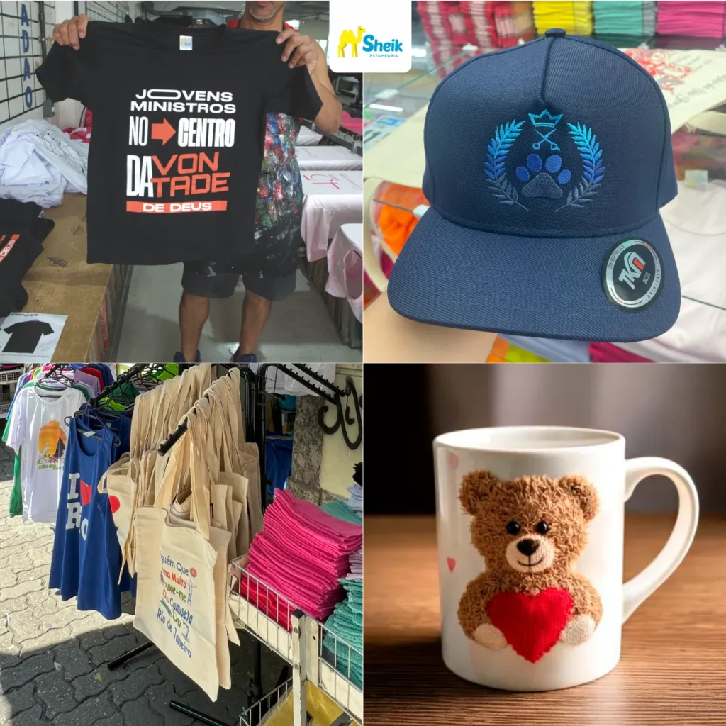 Imagem dividida em quatro partes com boné, caneca, ecobags e camisa