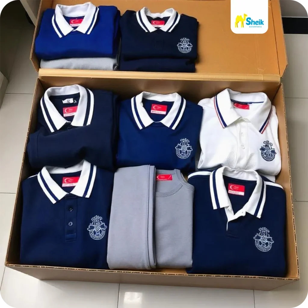 Camisas de uniforme escolar dobradas em uma caixa de papelão.