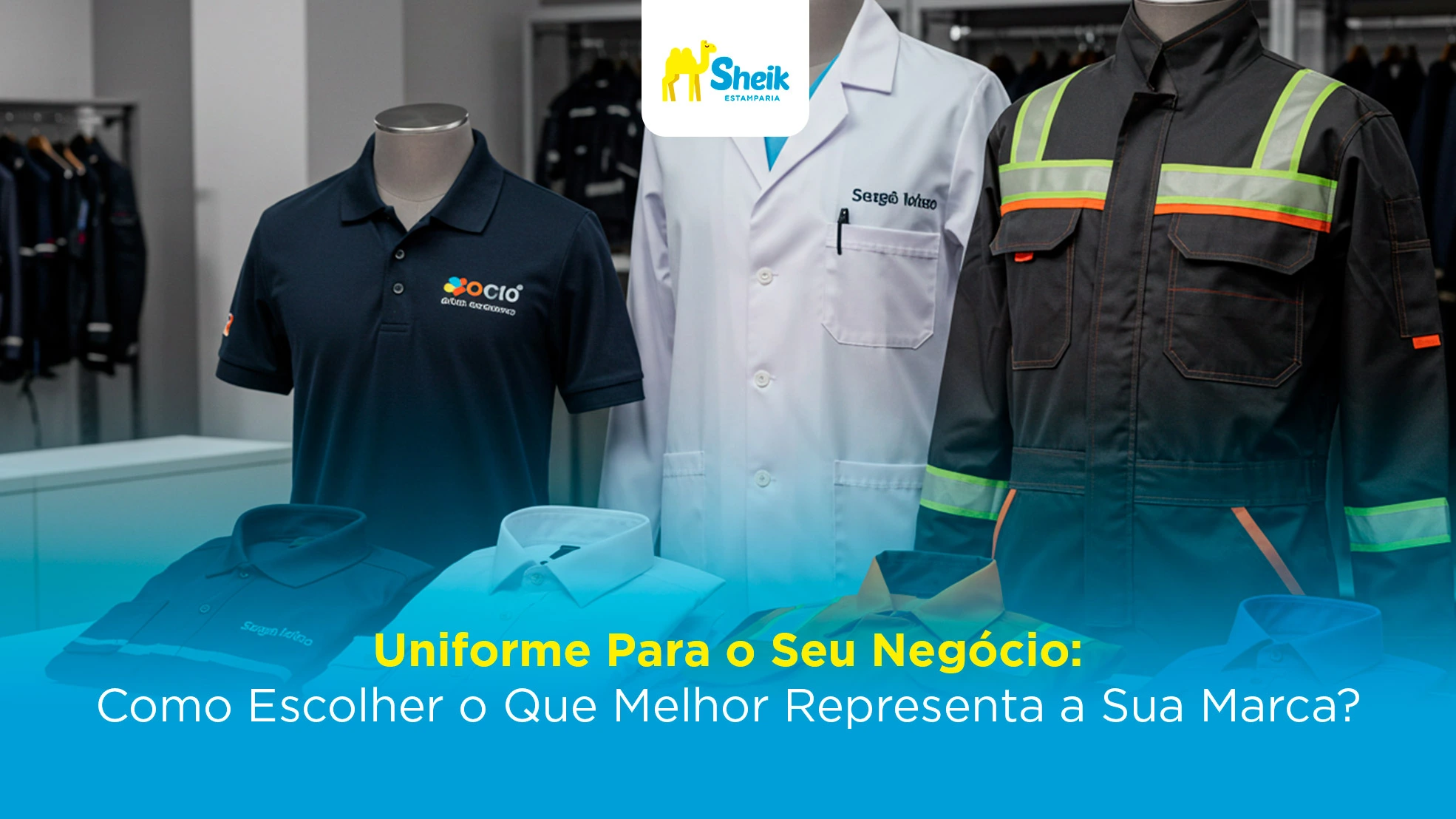 Uniformes empresariais colocados em manequins.