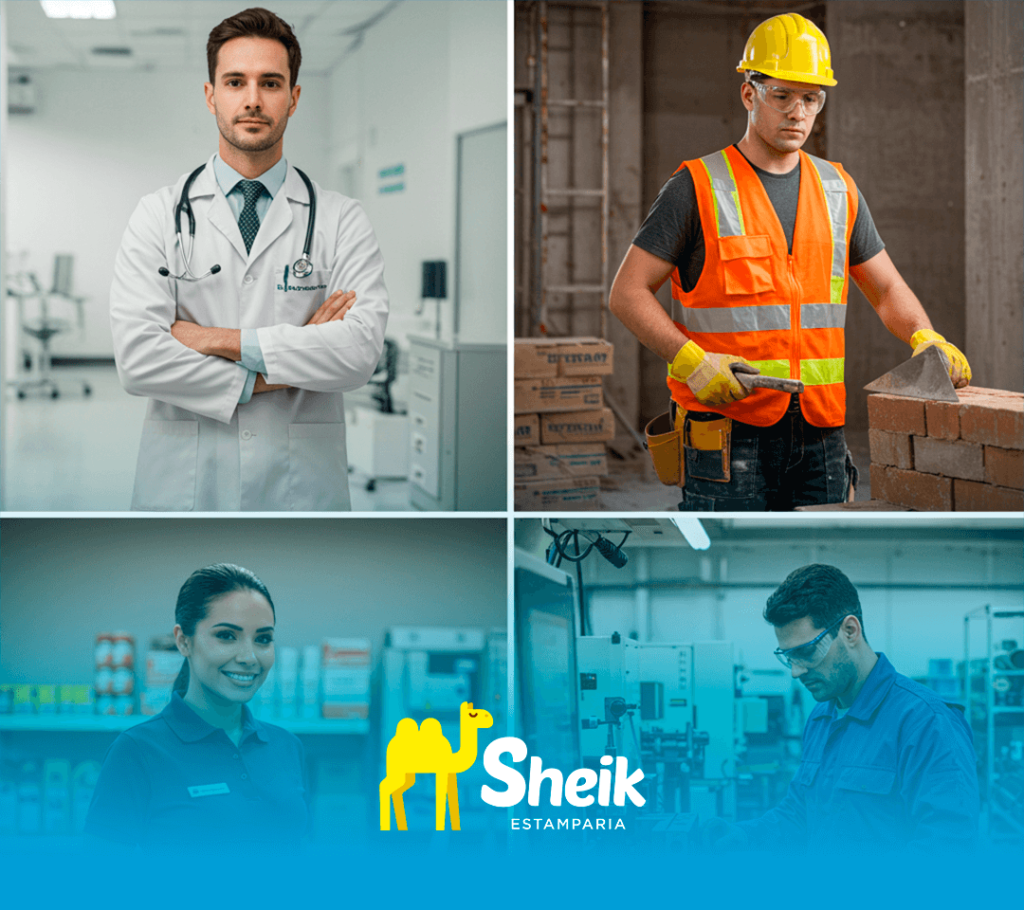 Profissionais com diferentes uniformes de diferentes negócios.