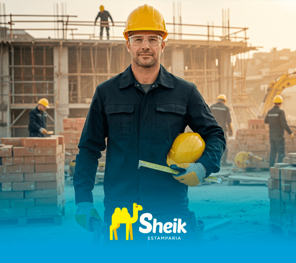 Profissional da construção civil de capacete e uniforme.