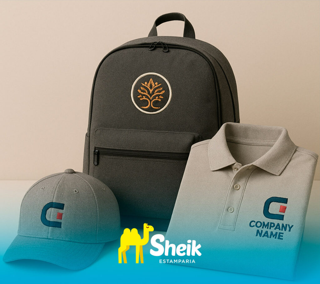 Mochila, boné e camisa com bordados personalizados