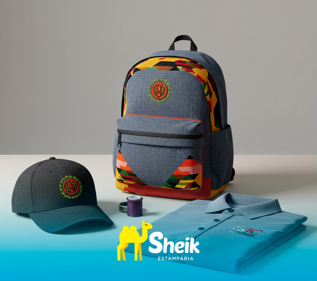 Mochila, boné e camisa com bordado personalizado