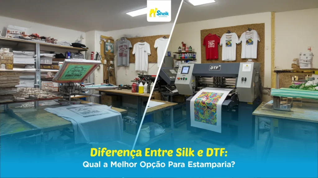 Imagem dividida: metade uma impressão em silk, metade impressão em DTF