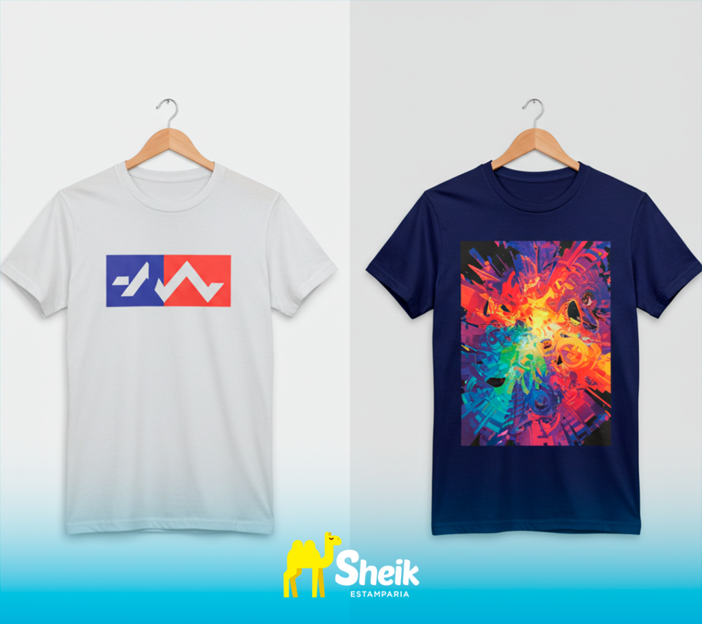 Duas camisas estampadas penduradas em cabides, representando a diferença entre silk e DTF