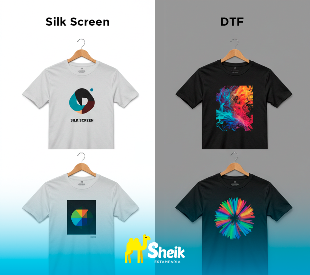 Camisas com estampas variadas, representando as técnicas silk screen e DTF.