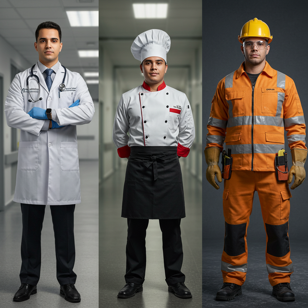 Três homens com uniformes diferentes: médico, chef de cozinha e construção civil, mostrando tecido Para Uniforme Profissional.