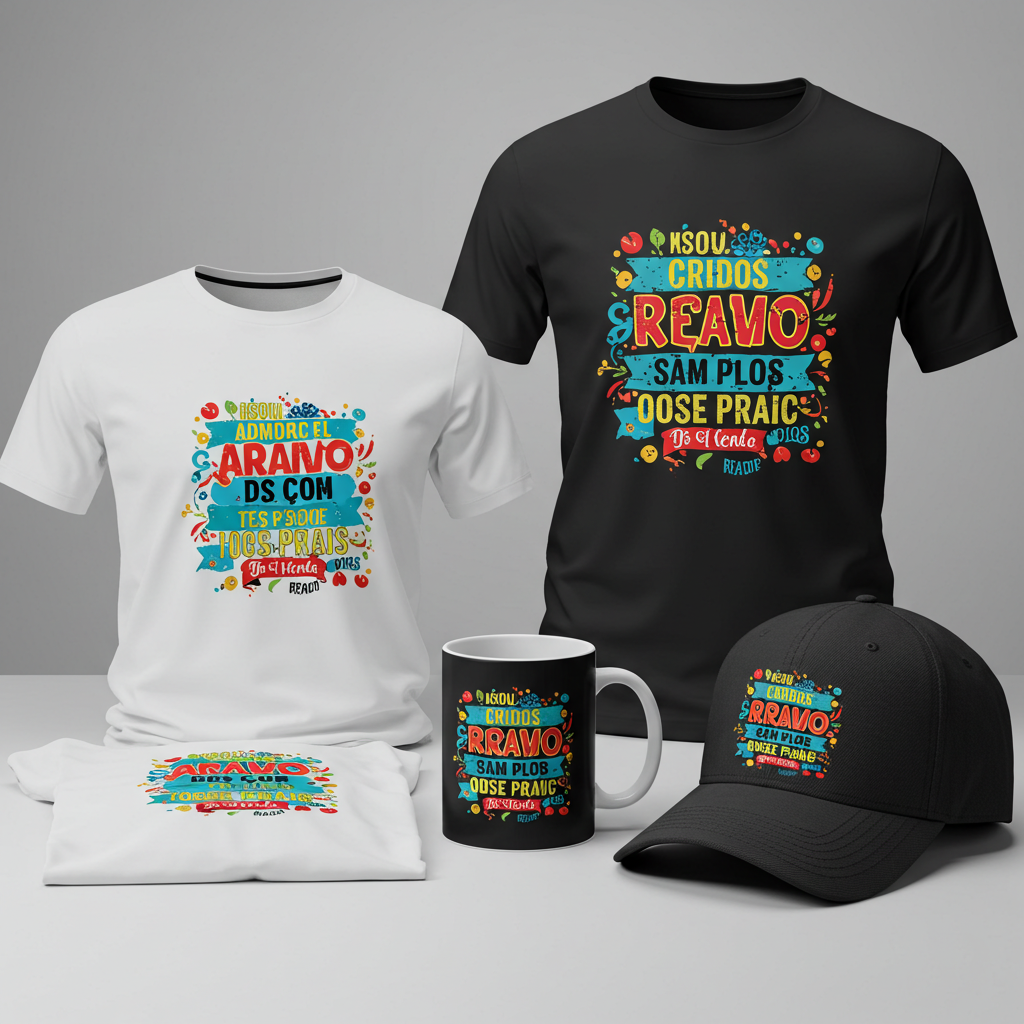 Camisas, boné, e caneca com serigrafia para personalização