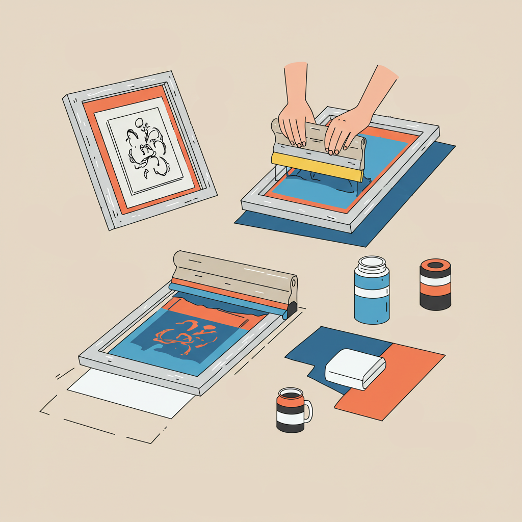 Desenho de tecidos sendo estampados com serigrafia