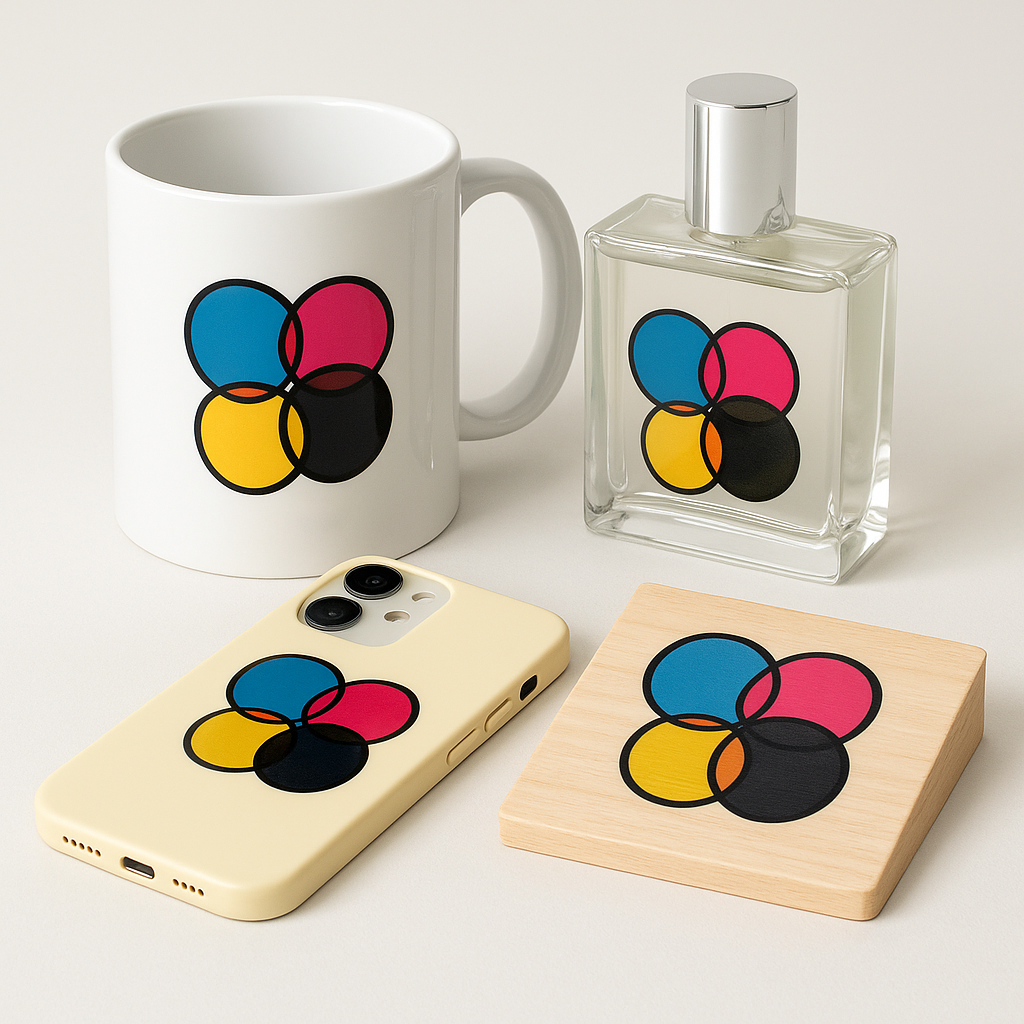 uma caneca, uma capa de celular, um vidro de perfume com estampas feitas em DTF UV