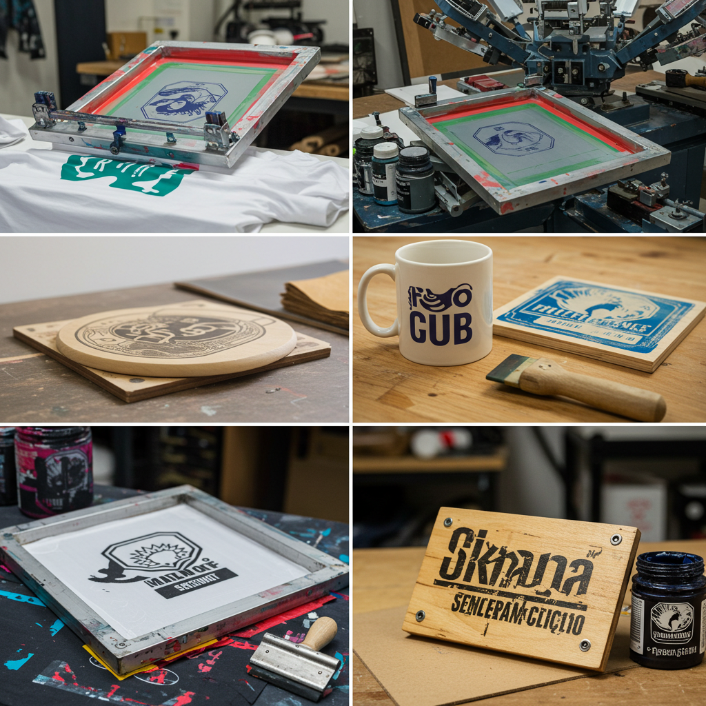 Mosaico com diferentes objetos estampados com serigrafia