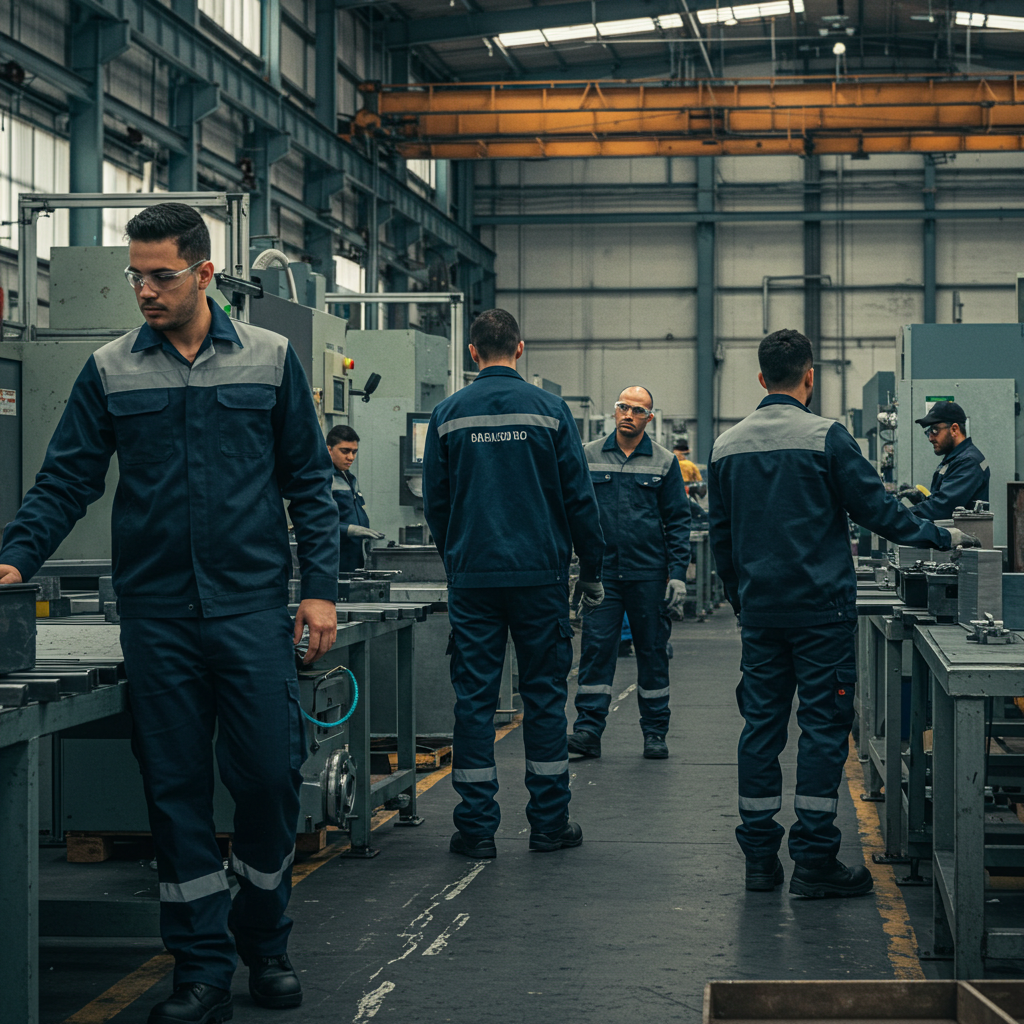 Homens uniformizados, trabalhando em uma fábrica