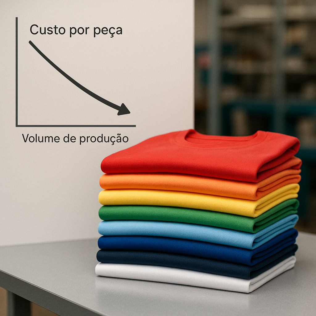 Gráfico de redução de custo ao lado de uma pilha de camisas dobradas.