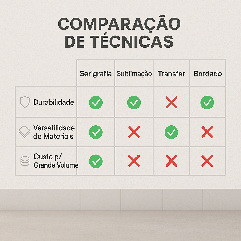 Quadro de comparação de técnicas entre serigrafia, sublimação transfer e bordado