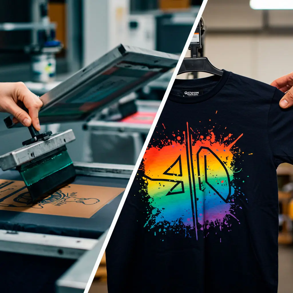 uma camisa sendo estampada e a mesma camisa pendurada em um cabide