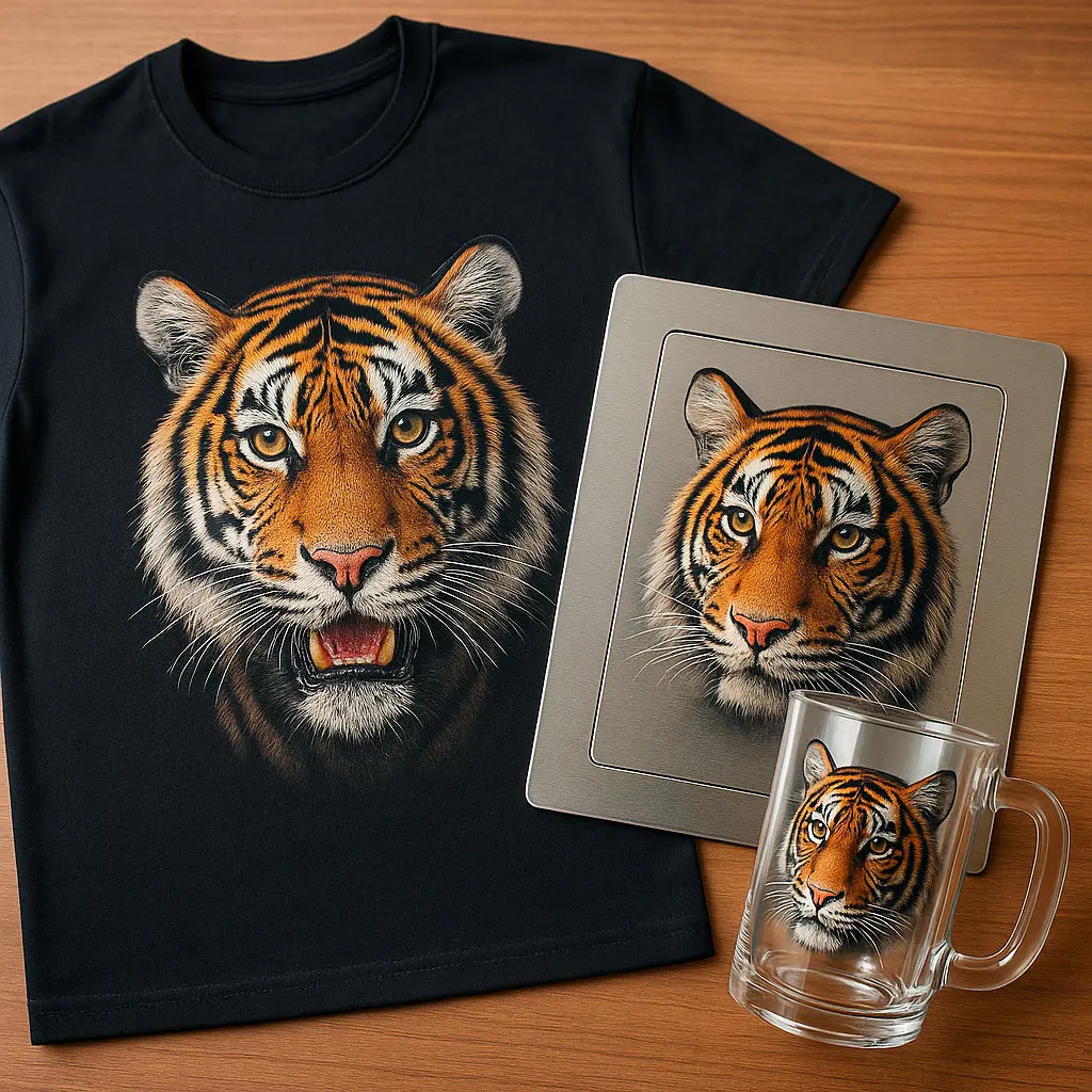 Uma camisa uma caneca e uma agenda com a estampa de um tigre