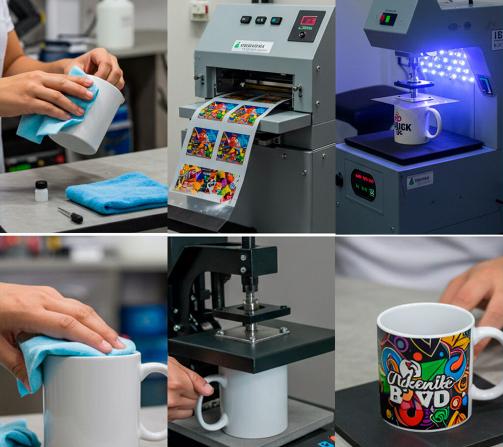 Impressora DTF imprimindo estampas para canecas