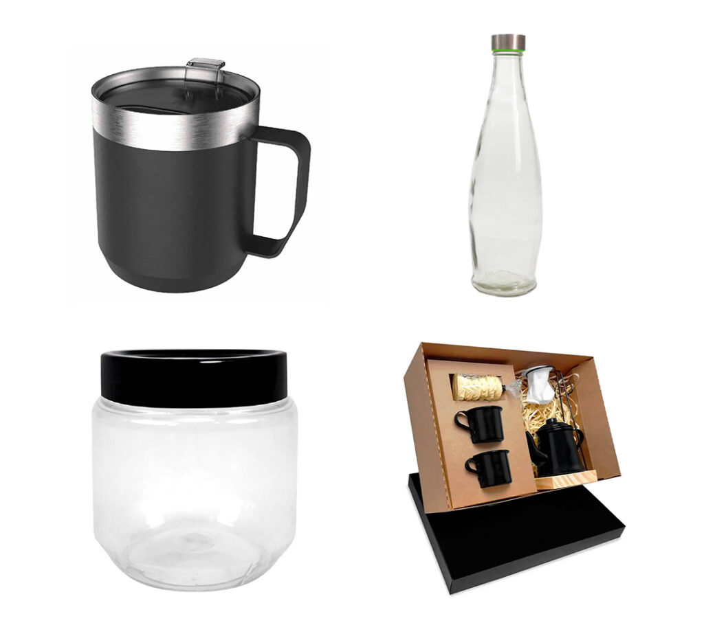 imagem de caneca, garrafa e potes
